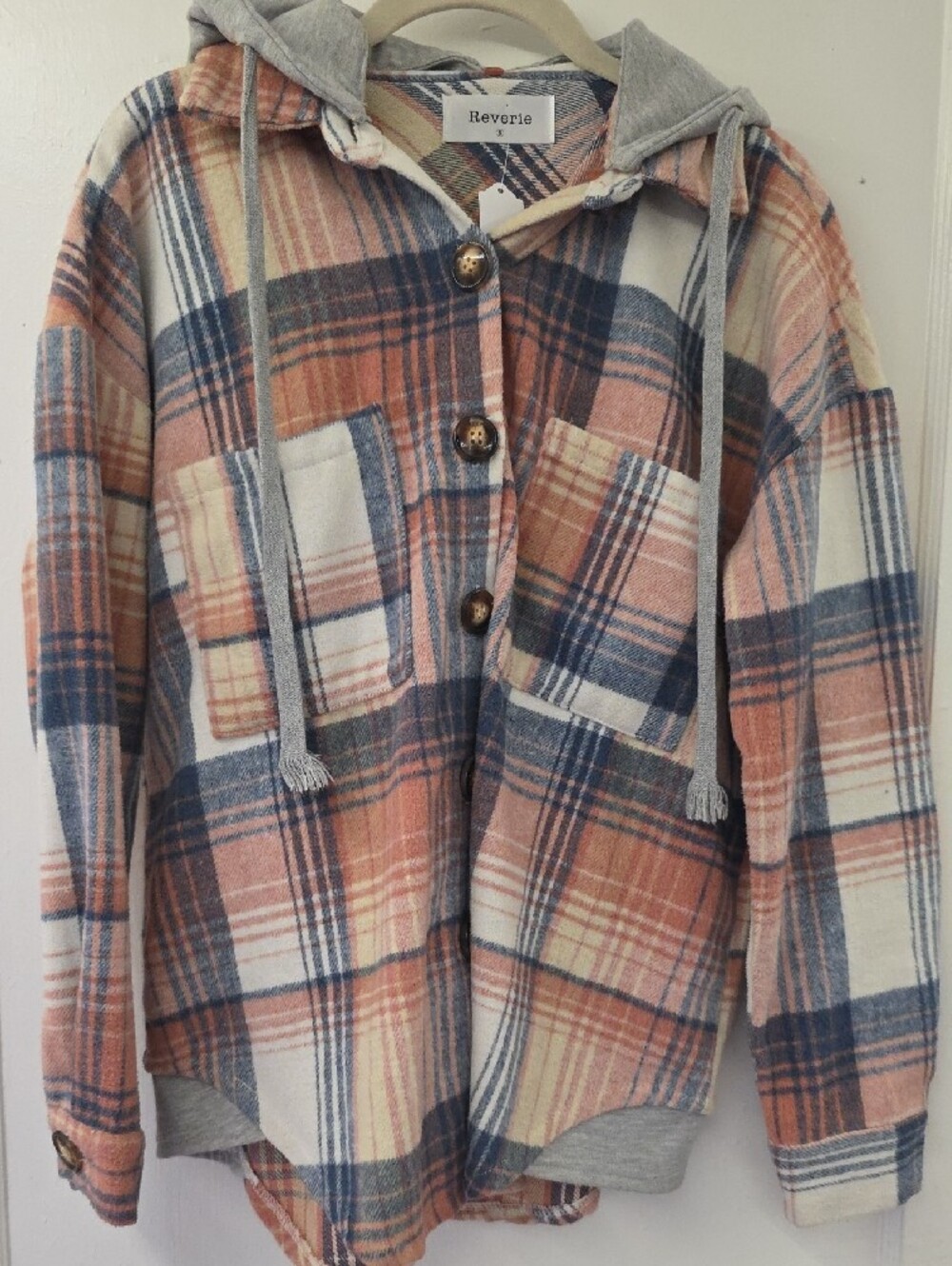 Reverie Plaid Hooded Shacket Jacket Pink Cream Gray Size Small